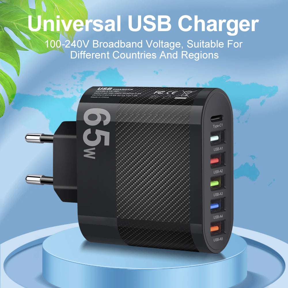 USB Total 65W Charger 6 Ports Fast Charging USB Type C Mobile Phone Charge Adapter for Iphone Samsung Xiaomi Huawei Wall Charger