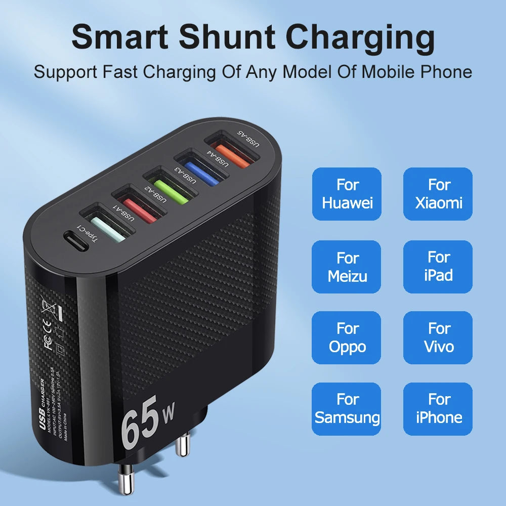 USB Total 65W Charger 6 Ports Fast Charging USB Type C Mobile Phone Charge Adapter for Iphone Samsung Xiaomi Huawei Wall Charger