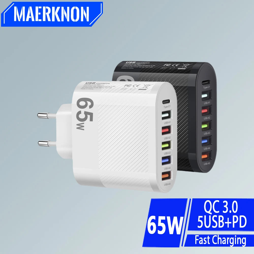 USB Total 65W Charger 6 Ports Fast Charging USB Type C Mobile Phone Charge Adapter for Iphone Samsung Xiaomi Huawei Wall Charger