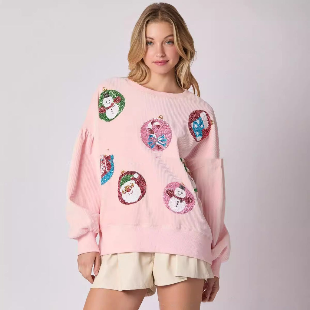 Women's Christmas Egg Sequined Long Sleeve Loose Sweatshirt Top