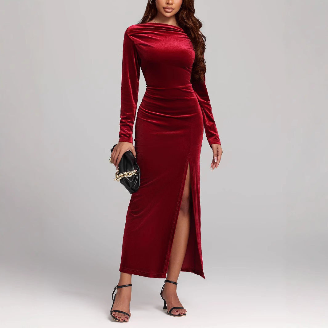 Women's Clothing Slit Formal Dress Pleuche Dress